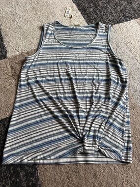 Max Studio Striped Scoop Neck Blue, Gray and white Tank Top - small